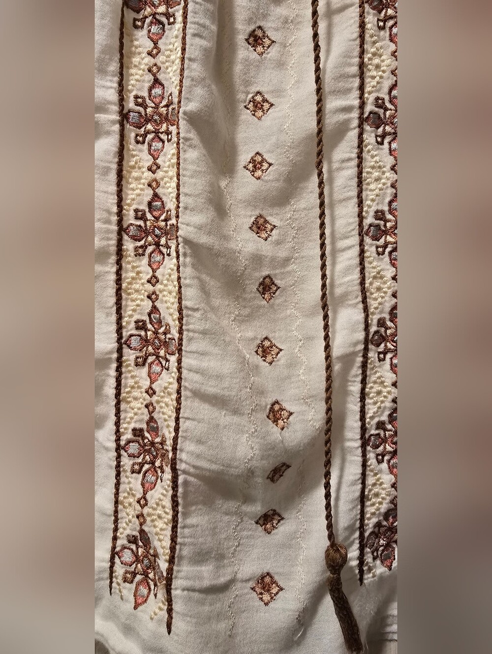 Lucky Brand Boho Embroidered Peasant Top in Ivory with Brown & Rust Accents XS - Picture 3 of 3